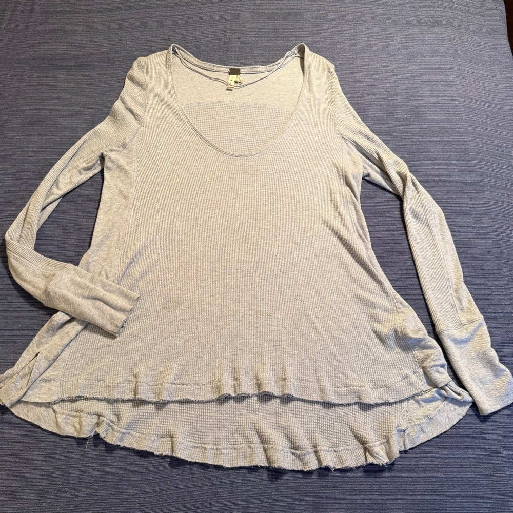Free People We The Free Blue Waffle Knit Thermal V-Neck Swing Tunic Top Large